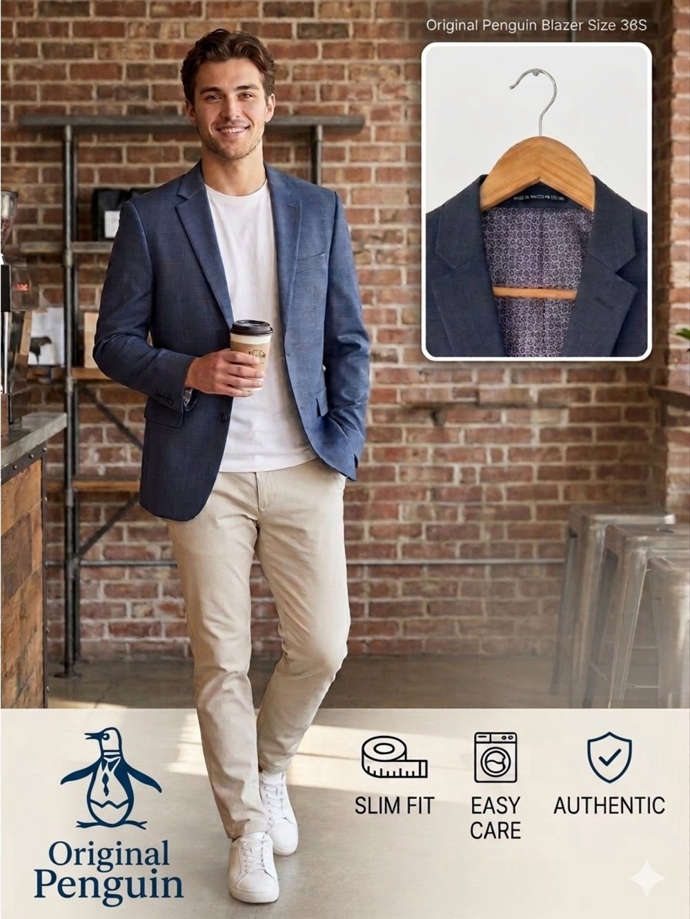 Original Penguin Blue Notch Lapel Blazer Sport Coat 36S  Geometric Lining